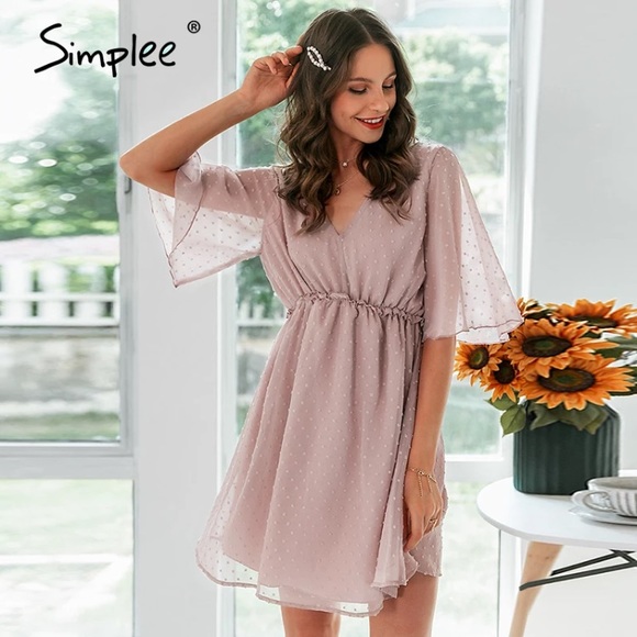 Simplee Sexy V-Neck women ruffle pink Dress NWT - Picture 2 of 6